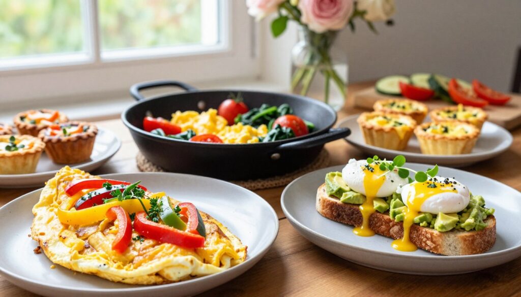 A beautifully arranged breakfast table featuring a variety of egg-based dishes. In the foreground, a fluffy omelet filled with colorful bell peppers and fresh herbs, alongside a perfectly poached egg on avocado toast garnished with microgreens. In the middle, a skillet with scrambled eggs mixed with cherry tomatoes and spinach, and a plate of egg muffins packed with cheese and vegetables. In the background, soft natural light filters through a window, illuminating a vase of fresh flowers and a cutting board with sliced ingredients, creating a warm and inviting atmosphere. The composition should be vibrant and appetizing, focusing on the freshness and healthiness of the dishes, captured with a cozy, homely vibe. Use a shallow depth of field to emphasize the details of the food. A beautifully arranged breakfast table featuring a variety of egg-based dishes. In the foreground, a fluffy omelet filled with colorful bell peppers and fresh herbs, alongside a perfectly poached egg on avocado toast garnished with microgreens. In the middle, a skillet with scrambled eggs mixed with cherry tomatoes and spinach, and a plate of egg muffins packed with cheese and vegetables. In the background, soft natural light filters through a window, illuminating a vase of fresh flowers and a cutting board with sliced ingredients, creating a warm and inviting atmosphere. The composition should be vibrant and appetizing, focusing on the freshness and healthiness of the dishes, captured with a cozy, homely vibe. Use a shallow depth of field to emphasize the details of the food.