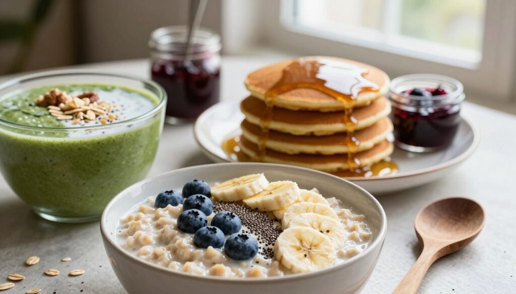 A beautifully arranged breakfast table featuring a variety of healthy oat-based recipes. In the foreground, a bowl of creamy oatmeal topped with sliced bananas, fresh blueberries, and a sprinkle of chia seeds, with a rustic wooden spoon resting beside it. In the middle, a stack of golden-brown oatmeal pancakes drizzled with pure maple syrup, surrounded by a small jar of homemade berry compote. To the left, a vibrant smoothie bowl made with oats, spinach, and coconut milk, garnished with nuts and seeds. In the background, soft natural lighting filters through a window, casting a warm glow over the scene, creating a cozy and inviting atmosphere. Capture this with a shallow depth of field to emphasize the delicious food, evoking a sense of health and wellness.
