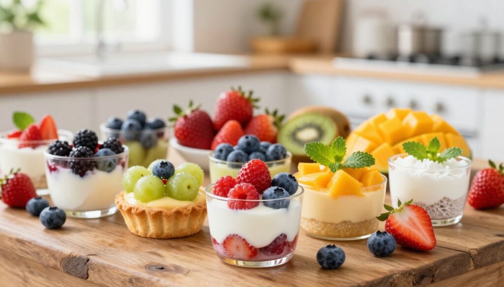 A beautifully arranged collection of vibrant no-bake fruit desserts on a rustic wooden table. In the foreground, showcase individual servings of colorful desserts, like creamy fruit parfaits layered with yogurt and fresh berries, mini fruit tarts filled with custard, and a bright mango coconut mousse topped with mint leaves. The middle layer features a variety of whole fruits—juicy strawberries, plump blueberries, and ripe kiwis for contrast. The background should softly blur images of a sunny kitchen with natural light streaming in through the window, creating a warm, inviting atmosphere. Use a soft focus lens effect to enhance the freshness of the fruits and desserts, evoking a sense of summer and indulgence.