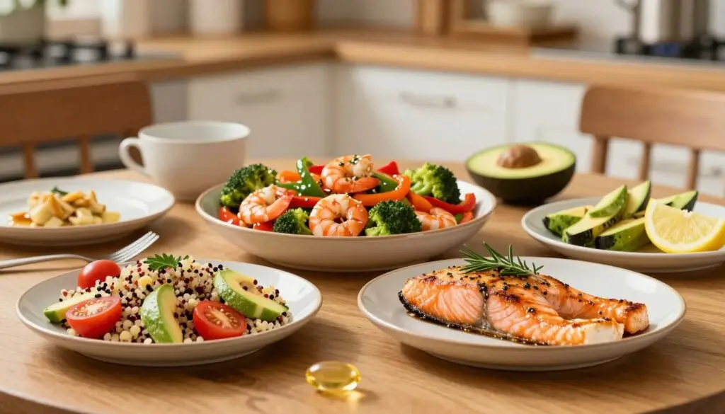 A beautifully arranged dining table showcasing an array of vibrant seafood dishes rich in Omega-3, ideal for a nutritious weeknight meal. In the foreground, a plate of grilled salmon garnished with fresh herbs and a side of colorful quinoa salad, featuring cherry tomatoes and avocados. In the middle, a large bowl of shrimp stir-fry with bell peppers and broccoli, glistening with soy sauce. The background sets a cozy kitchen ambiance, with soft, warm lighting highlighting the wooden table and rustic dishes. A sprig of rosemary and a lemon wedge adorn the scene, enhancing the fresh, healthy feel. The overall atmosphere is inviting and reflects a homey, wholesome mood, perfect for family dinners.