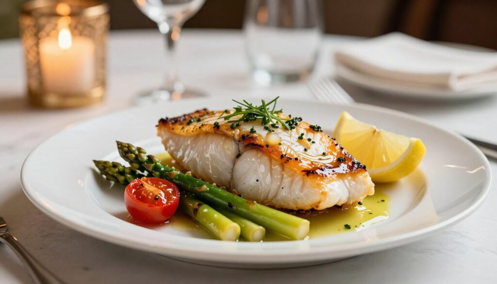 A beautifully arranged dish of gourmet baked fish takes center stage, showcasing a perfectly cooked fillet glistening with a delicate herb-infused glaze. Surround the fish with vibrant seasonal vegetables like grilled asparagus, cherry tomatoes, and lemon wedges, adding splashes of color. In the background, a softly blurred elegant dining setting with warm, ambient lighting creates an inviting and sophisticated atmosphere. Capture the mood of fine dining with a shallow depth of field, focusing sharply on the fish while the dining table elegantly fades out. Use natural light to enhance the freshness of the ingredients, complemented by soft shadows that add depth. The composition should evoke a sense of luxury and culinary artistry, enticing readers to explore the flavors presented in this baked fish recipe.