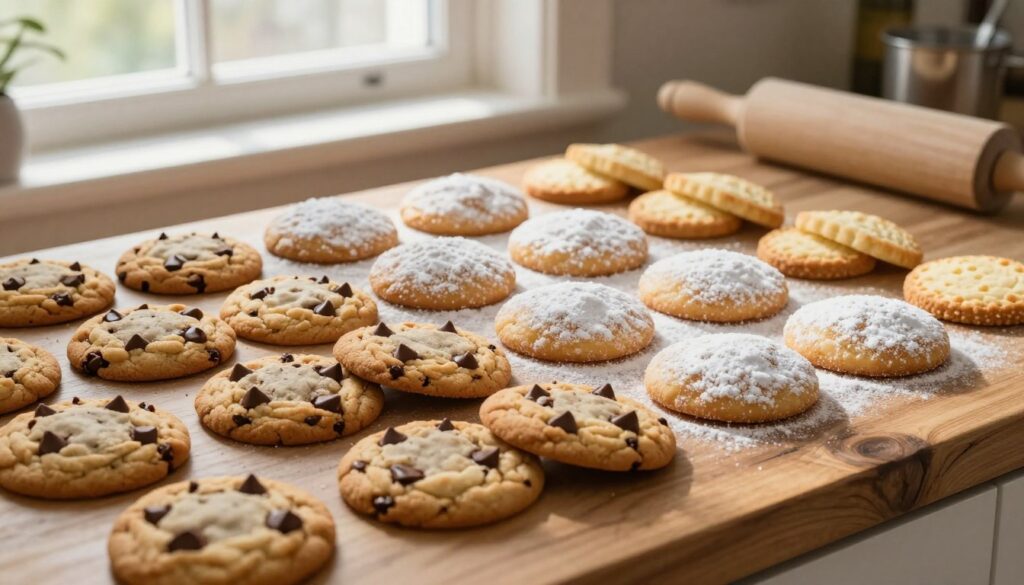 A beautifully arranged display of classic cookies showcasing a variety of textures and flavors. In the foreground, there are golden-brown chocolate chip cookies with gooey chocolate, perfectly round sugar cookies dusted with powdered sugar, and delicate buttery shortbread cookies. The middle ground features a rustic wooden countertop with a few baking tools like a rolling pin and measuring cups. In the background, soft natural sunlight streams in through a window, creating a warm and inviting atmosphere. The overall mood feels cozy and homely, as if inviting the viewer to indulge in some delectable treats. The image captures the essence of foolproof baking, emphasizing the simplicity and joy of making cookies that always turn out perfect. A beautifully arranged display of classic cookies showcasing a variety of textures and flavors. In the foreground, there are golden-brown chocolate chip cookies with gooey chocolate, perfectly round sugar cookies dusted with powdered sugar, and delicate buttery shortbread cookies. The middle ground features a rustic wooden countertop with a few baking tools like a rolling pin and measuring cups. In the background, soft natural sunlight streams in through a window, creating a warm and inviting atmosphere. The overall mood feels cozy and homely, as if inviting the viewer to indulge in some delectable treats. The image captures the essence of foolproof baking, emphasizing the simplicity and joy of making cookies that always turn out perfect.