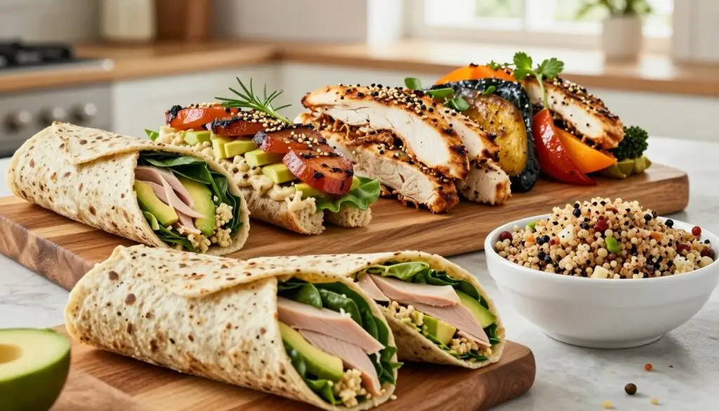 A beautifully arranged display of high-protein wraps and sandwiches designed for a work lunch. The foreground features a colorful whole-grain wrap filled with lean turkey, spinach, avocado, and hummus, alongside a vibrant quinoa salad in a small bowl. In the middle, a wooden platter showcases a variety of protein-packed sandwiches with ingredients like grilled chicken, roasted vegetables, and a sprinkling of seeds, all garnished with fresh herbs. The background features a softly blurred kitchen setting with natural light streaming through a window, creating a warm, inviting atmosphere. The image is taken from a top-down angle to emphasize the freshness and appeal of the meals, inviting a sense of energy and healthfulness perfect for a productive afternoon.