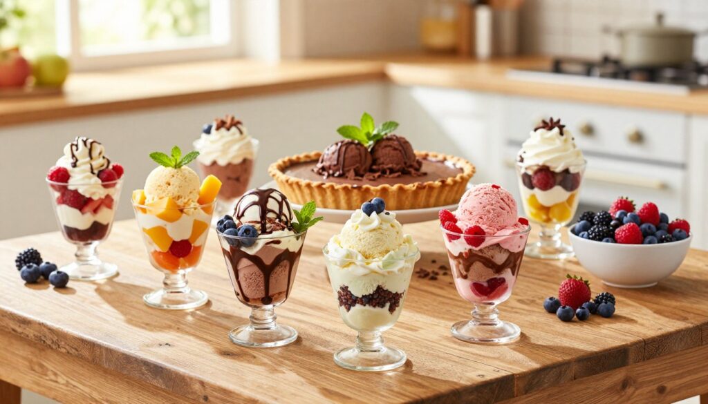 A beautifully arranged display of no-bake ice cream desserts set on a rustic wooden table. In the foreground, there are diverse servings of colorful ice cream parfaits layered with fresh fruits, whipped cream, and chocolate sauce in elegant glass cups. The middle ground features a rich chocolate ice cream pie, garnished with mint leaves and chocolate shavings, next to a bowl of mixed berries. The background showcases a soft-focus of a sunny kitchen with light streaming in through a window, creating a warm and inviting atmosphere. The lighting is bright and cheerful, suggestive of a sunny day, emphasizing the vibrant colors of the desserts. The angle is slightly overhead to capture the delightful arrangement and textures of the treats, evoking a sense of indulgence and summer joy.