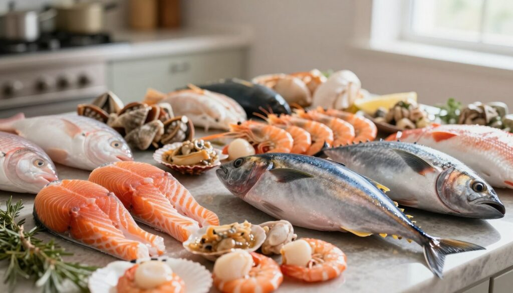 Une présentation soignée de poissons variés, parfaits pour la cuisine, met en valeur le saumon, le thon et la morue au premier plan, leurs couleurs éclatantes soulignant leur fraîcheur. Au centre, un assortiment de fruits de mer, tels que crevettes et coquilles Saint-Jacques, apporte variété et texture à la composition. L'arrière-plan, légèrement flou, représente une cuisine baignée de lumière naturelle, créant une atmosphère chaleureuse et accueillante. La photo, prise en plongée, met en valeur les poissons et les fruits de mer. L'ambiance générale, fraîche et gourmande, évoque la découverte et la maîtrise culinaires, et est idéale pour inspirer les cuisiniers de tous niveaux.