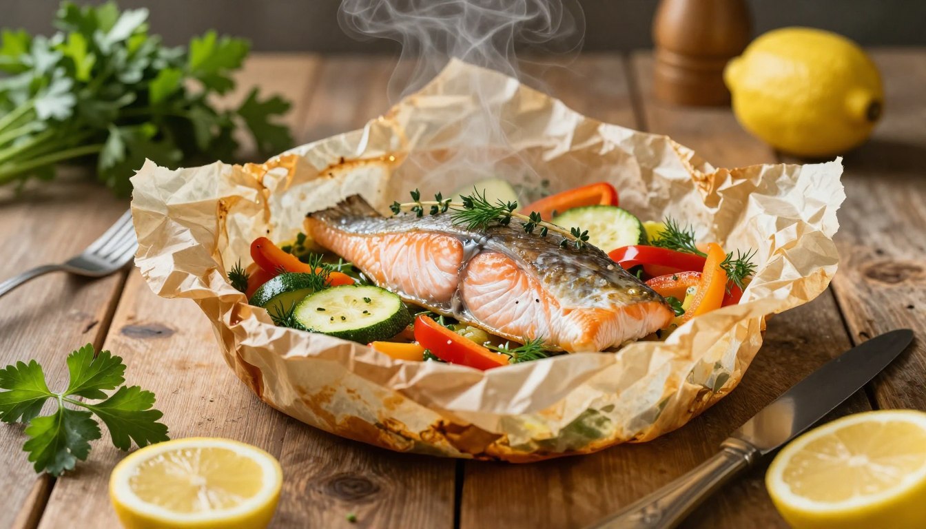 A beautifully arranged en papillote fish dish, showcasing a fillet of salmon or white fish nestled in parchment paper, garnished with colorful vegetables like bell peppers, zucchini, and herbs like dill or thyme. The parchment is elegantly folded, with steam subtly escaping from the edges, signaling the aromatic essence inside. In the foreground, there are kitchen utensils and fresh, vibrant ingredients, like lemon slices and sprigs of parsley. The background features a rustic wooden table, softly illuminated by warm, natural lighting, creating an inviting atmosphere. The focus is tight on the fish, with a shallow depth of field to give it a professional culinary magazine feel, encapsulating the art of cooking fish en papillote.