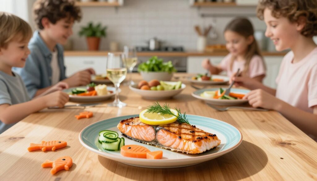 A beautifully arranged fish lunch presentation on a sunlit wooden table, showcasing vibrant, playful designs. In the foreground, a colorful plate features a grilled salmon fillet artfully decorated with a slice of lemon and sprigs of dill, alongside creatively shaped vegetable garnishes like carrots cut into fish shapes and cucumbers twisted into spirals. The middle ground reveals a family enjoying the meal, dressed in casual but neat attire, smiling and engaged, emphasizing the fun atmosphere. In the background, a cozy kitchen setting with soft lighting, potted herbs, and a gentle bokeh effect creates a warm, inviting ambiance. The overall mood is cheerful and lively, perfect for family dining experiences focused on making fish enjoyable for everyone.