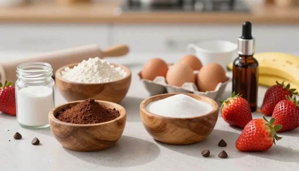 A beautifully arranged flat lay of essential baking ingredients for easy desserts, showcasing a variety of items. In the foreground, there are rustic wooden bowls filled with flour, sugar, and cocoa powder, complemented by a jar of baking soda and a bottle of vanilla extract. In the middle ground, fresh eggs and a few chocolate chips are scattered among the ingredients, with vibrant fruits like strawberries and bananas partially visible. The background features a soft-focus kitchen setting, with a rolling pin and measuring cups to the side. Bright, natural lighting floods the scene, casting gentle shadows and highlighting textures, creating a warm, inviting atmosphere. The composition should feel cozy and accessible, perfect for inspiring beginner bakers.