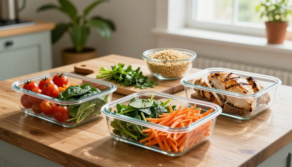 A beautifully arranged healthy homemade lunch meal prep layout on a wooden kitchen table. In the foreground, vibrant glass meal prep containers filled with colorful vegetables like cherry tomatoes, spinach, shredded carrots, and grilled chicken. In the middle, a wooden cutting board with freshly chopped herbs, a bowl of quinoa, and slices of whole-grain bread. In the background, soft-focus rustic kitchen elements such as a green potted plant and a sunny window with natural light illuminating the scene, casting gentle shadows. The atmosphere is warm and inviting, conveying a sense of health and vitality. The image should be shot from a slightly elevated angle to showcase the meal prep containers and their contents clearly, ensuring a professional and appetizing aesthetic.