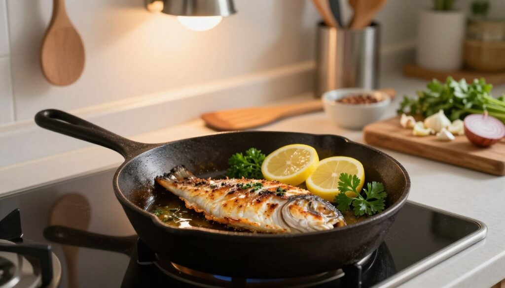 A beautifully arranged kitchen counter featuring a traditional pan-fried fish cooking setup. In the foreground, a seasoned, golden-brown fish fillet sizzling in a cast iron skillet, glistening with a hint of oil and herbs. Fresh lemon slices and sprigs of parsley are artfully placed beside the fish, adding a splash of color. In the middle ground, a set of neatly arranged kitchen utensils, including a wooden spatula and a small bowl of seasoning, are visible. The background showcases soft, warm lighting emanating from an overhead kitchen lamp, creating a cozy and inviting atmosphere. A wooden cutting board with chopped garlic and onion hints at fresh ingredients. The overall mood is homely and encouraging for beginners, emphasizing the simplicity and joy of cooking.