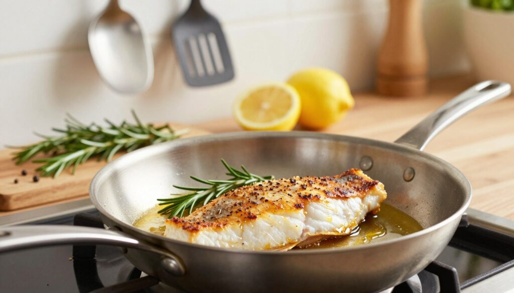 A beautifully arranged kitchen scene highlighting the process of pan-frying fish to prevent sticking. In the foreground, a stainless steel skillet sits on a stovetop, with a perfectly seasoned fillet of fish sizzling gently as golden oil glistens around it. The fish's surface is crispy and inviting, capturing a moment just before flipping. In the middle ground, fresh herbs and spices like rosemary and lemon slices are artfully scattered alongside the pan, signifying the secret ingredients that enhance flavor. The background features soft, warm lighting that creates an inviting atmosphere, with kitchen utensils neatly hanging and a subtle hint of a rustic wooden countertop. The overall mood is warm and homey, conveying a sense of culinary mastery and comfort.