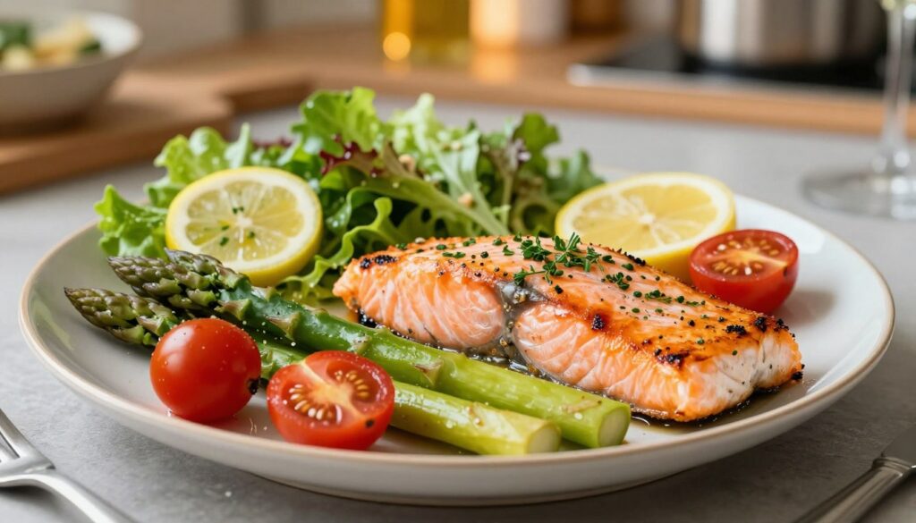 A beautifully arranged low-calorie fish dinner featuring grilled salmon garnished with fresh herbs, served on a vibrant plate. The foreground showcases succulent vegetables like steamed asparagus and cherry tomatoes, artfully placed alongside the fish to create a colorful, healthy meal. In the middle ground, a light salad with mixed greens and a lemon vinaigrette adds brightness, enhancing the visual appeal. The background displays a softly blurred kitchen setting with warm, inviting lighting, giving a sense of a cozy cooking environment. The image evokes a fresh and wholesome atmosphere, perfect for healthy dining, emphasizing flavors while keeping calories low. The composition should have a top-down angle, highlighting the vibrant colors and textures of the food without any text or distractions.