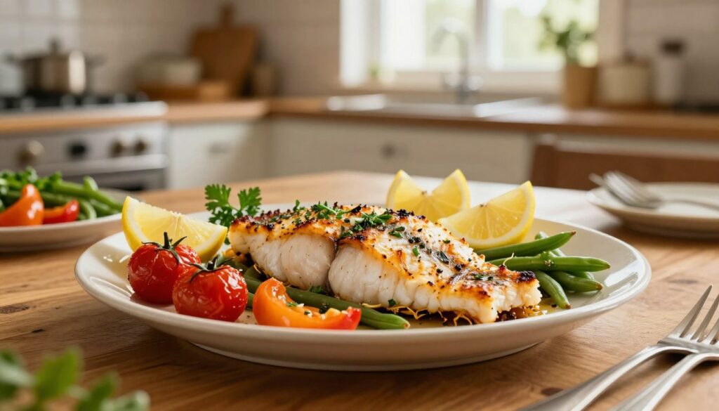 A beautifully arranged plate of baked fish fillets, seasoned with herbs and spices, garnished with lemon wedges and fresh parsley. In the foreground, a wooden table is set with an inviting presentation of the meal. The fish is golden brown, flaky, and succulent, surrounded by colorful vegetables like roasted cherry tomatoes, bell peppers, and green beans. In the background, a warm kitchen ambiance is created with soft, natural lighting filtering through a window, giving a homely feel. The focus is sharp on the dish, with a slight blur in the background, creating depth. The atmosphere feels relaxed and appetizing, perfect for an easy dinner setting.