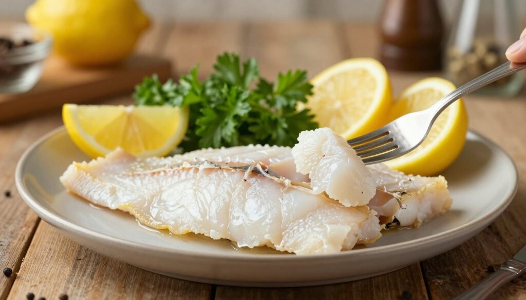 A beautifully arranged plate of perfectly cooked fish, placed on a rustic wooden table, showcasing various visual cues of doneness. In the foreground, a piece of flaky white fish (like cod or halibut) glistens under soft, warm lighting, revealing its opaque center and lighter edges. A fork gently flaking the fish to show its texture is carefully positioned next to it. In the middle ground, fresh herbs like parsley and colorful lemon wedges provide a vibrant contrast, creating an appetizing scene. The background features a softly blurred kitchen setting, with hints of cooking utensils and spices, enhancing the homey atmosphere. The overall mood is inviting and educational, effectively emphasizing the visual cues that indicate the fish is ready to eat, captured in a natural and warm tone.