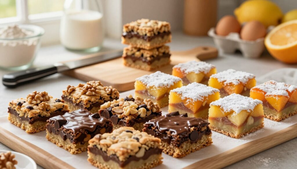 A beautifully arranged platter of easy homemade dessert bars, showcasing a variety of flavors and textures. In the foreground, display colorful, gooey chocolate chip cookie bars with a shiny glaze, nutty blondies with chopped walnuts, and vibrant fruit squares topped with a light dusting of powdered sugar. The middle of the image features a cutting board with a chef's knife and a small stack of the bars, emphasizing their delicious layers. In the background, softly blurred, there are baking ingredients like flour, eggs, and fresh fruits, creating a welcoming kitchen atmosphere. The lighting is warm and inviting, mimicking natural sunlight coming through a nearby window, giving a cozy feeling to the scene. The angle is a slightly overhead shot, beautifully highlighting the tempting desserts.