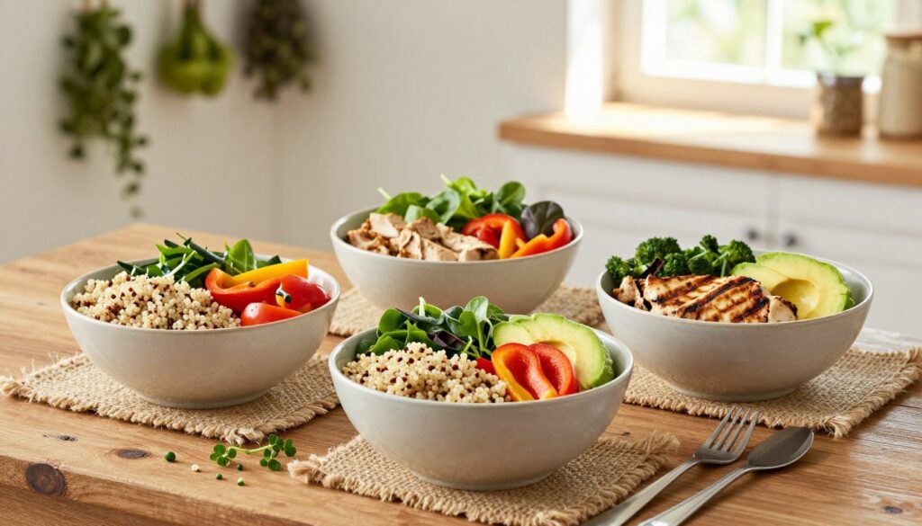 A beautifully arranged set of balanced dinner bowls featuring vibrant, healthy ingredients such as quinoa, grilled chicken, colorful bell peppers, leafy greens, and avocado slices. Foreground: three appetizing dinner bowls, each uniquely styled and filled with nutritious components. Middle: a rustic wooden table setting with a handwoven placemat, cutlery on the side, and fresh herbs sprinkled around. Background: softly blurred kitchen elements like hanging herbs, natural light streaming through a window creating a warm, inviting ambiance. Capture the natural textures of the food, vibrant colors, and the inviting feel of a clean eating lifestyle. Use a shallow depth of field to highlight the bowls while creating a cozy, wholesome atmosphere ideal for a health-focused article.