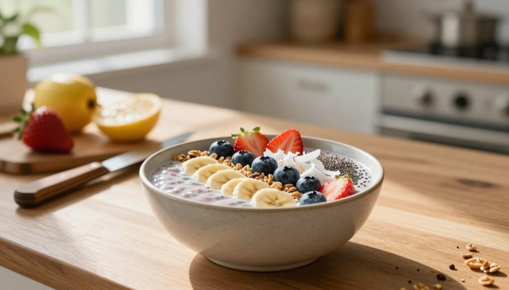 A beautifully arranged smoothie bowl sits in the foreground, filled with a creamy blend of vibrant fruits, such as strawberries, blueberries, and bananas, topped with crunchy granola, chia seeds, and shredded coconut. The bowl is made of eco-friendly materials and has a visually appealing design. In the middle ground, a wooden table is adorned with fresh fruit slices and a rustic knife, enhancing the natural and healthy vibe. The background features a soft, sunlit kitchen setting, with gentle sunlight filtering through a window, illuminating the bowl and casting delicate shadows. The cozy atmosphere evokes a sense of warmth and well-being, making it perfect for a nutritious breakfast. The scene is captured with a shallow depth of field to emphasize the bowl in sharp focus, while the background remains softly blurred.