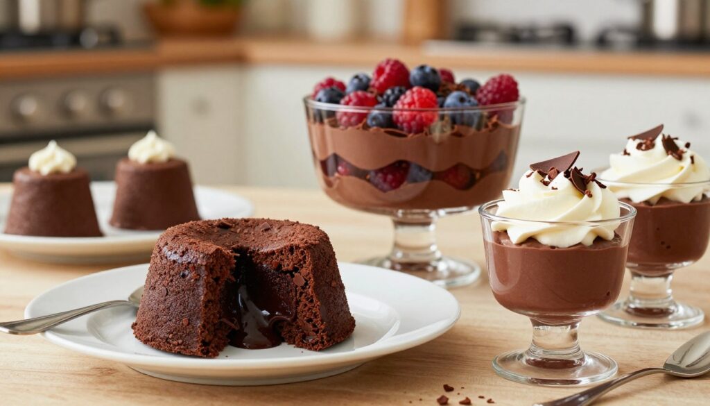 A beautifully arranged table featuring a variety of decadent chocolate desserts. In the foreground, showcase an elegant chocolate lava cake with a gooey center, alongside rich chocolate mousse served in delicate glass cups, topped with whipped cream and chocolate shavings. In the middle, display a perfectly layered chocolate trifle with vibrant berries peeking through. The background includes a softly blurred kitchen setting, with warm lighting that creates a cozy, inviting atmosphere. Capture the scene from a slightly elevated angle to emphasize the desserts’ textures and details. The mood should be sumptuous and indulgent, appealing to chocolate lovers looking for their next foolproof recipe.