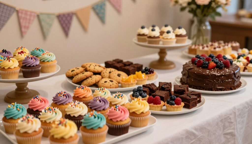 A beautifully arranged table featuring an array of homemade desserts ideal for parties. In the foreground, showcase a vibrant display of colorful cupcakes with swirls of frosting and decorative sprinkles, alongside a classic chocolate cake adorned with fresh berries. In the middle, display a platter of assorted cookies, brownies, and fruit tarts, emphasizing texture and variety. The background features softly blurred decorations such as festive bunting and a warm, inviting atmosphere with gentle, ambient lighting, creating a cozy party vibe. Use a wide-angle lens to capture the full spread, highlighting the intricacies of each dessert and inviting viewers to enjoy the delicious offerings. A beautifully arranged table featuring an array of homemade desserts ideal for parties. In the foreground, showcase a vibrant display of colorful cupcakes with swirls of frosting and decorative sprinkles, alongside a classic chocolate cake adorned with fresh berries. In the middle, display a platter of assorted cookies, brownies, and fruit tarts, emphasizing texture and variety. The background features softly blurred decorations such as festive bunting and a warm, inviting atmosphere with gentle, ambient lighting, creating a cozy party vibe. Use a wide-angle lens to capture the full spread, highlighting the intricacies of each dessert and inviting viewers to enjoy the delicious offerings.
