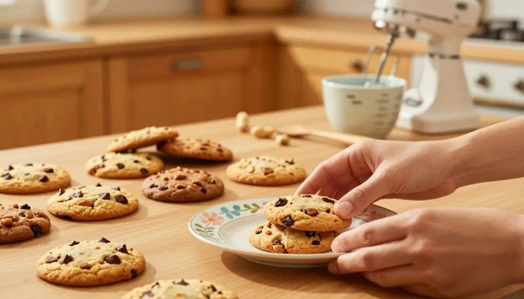 A beautifully arranged tabletop displaying a variety of freshly baked cookies, showcasing different styles such as chocolate chip, oatmeal raisin, and peanut butter. In the foreground, highlight a pair of hands gently placing a cookie onto a decorative plate, adorned with pastel-colored floral designs. The middle layer features a soft-focus backdrop of a cozy kitchen with warm wooden cabinetry and a few baking tools like a mixer and measuring cups. The lighting is warm and inviting, casting a golden hue across the scene, reminiscent of a sunny afternoon. The mood is cheerful and approachable, evoking the joy of baking simple, foolproof desserts that delight both beginners and seasoned bakers alike.