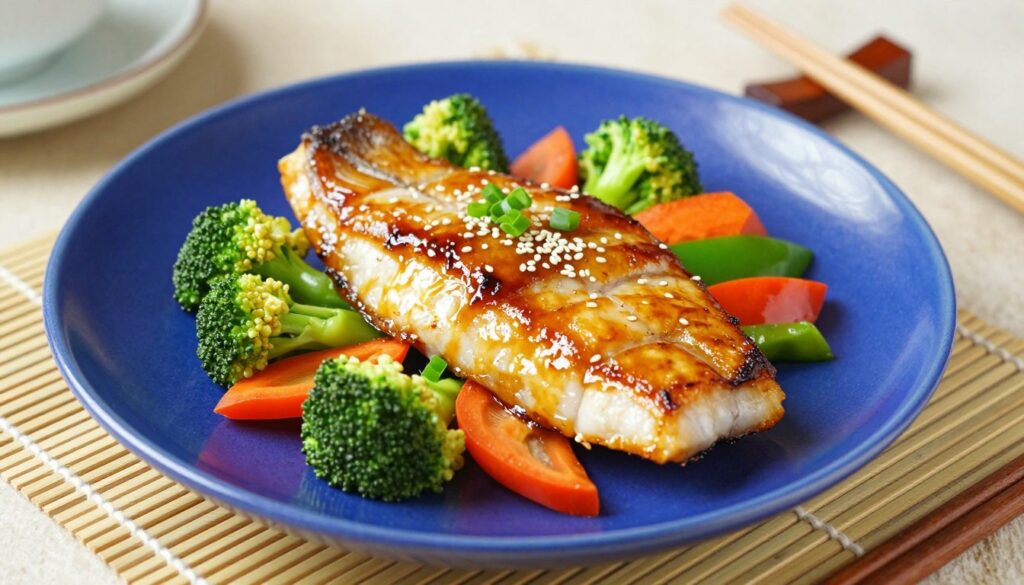 Current image: A beautifully plated dish of Teriyaki cod, showcasing a perfectly cooked, glazed fillet with a shiny, caramelized surface. The fish is adorned with a sprinkle of sesame seeds and chopped green onions, placed elegantly on a vibrant, deep-blue ceramic plate. Surrounding the cod are colorful, stir-fried vegetables like bell peppers, broccoli, and carrots, adding freshness to the scene. In the background, a subtle bamboo mat and a delicate chopstick set enhance the Asian-inspired theme. Soft, natural lighting highlights the textures and colors, creating an inviting and warm atmosphere. The image should be shot from a slightly elevated angle, capturing both the dish and its surroundings, evoking a sense of comfort and culinary delight.