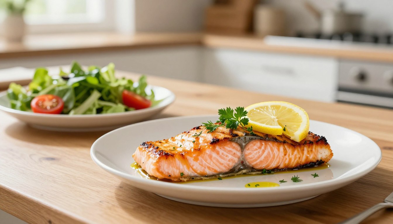 A beautifully plated dish of grilled salmon, perfectly seared with a golden crust, garnished with fresh lemon slices and a sprinkle of fresh herbs such as parsley and dill. In the foreground, the salmon glistens with a hint of olive oil, placed elegantly on a white ceramic plate. In the middle ground, a simple wooden table is adorned with a few colorful side dishes, such as a light salad of mixed greens and cherry tomatoes. The background features a sunlit kitchen space with soft, natural light streaming in through a window, creating a warm and inviting atmosphere. The overall mood is fresh, vibrant, and appetizing, emphasizing healthy, quick meals. The image has a shallow depth of field, focusing sharply on the salmon dish while gently blurring the background.