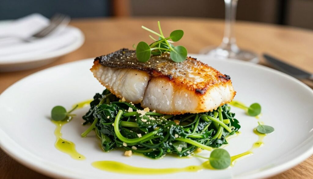 A beautifully plated pan-seared fish dish featuring a perfectly cooked fillet, with golden crispy skin glistening under soft, natural lighting. The fish is artfully placed atop a bed of creamy spinach Florentine, showcasing vibrant, fresh greens mixed with delicate hints of garlic and parmesan. Surrounding the dish are elegant garnishes of microgreens and a drizzle of lemon-infused olive oil, adding a touch of sophistication. The background is softly blurred restaurant-style decor, hinting at fine dining, with warm wooden tones and hints of elegant tableware. The overall atmosphere evokes a sense of refined culinary artistry, inviting the viewer to appreciate the gourmet experience of this quick yet indulgent fish recipe.