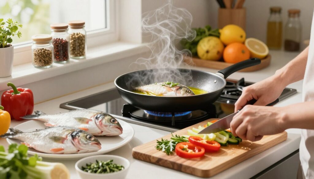 A bright and inviting kitchen scene featuring a neatly arranged countertop with various fresh fish ready for cooking. In the foreground, a pair of hands is skillfully preparing a quick fish meal, chopping vegetables like bell peppers and herbs on a wooden cutting board. The middle of the image showcases a sizzling skillet on a modern stovetop, with fresh fish fillets cooking in olive oil, releasing appetizing steam. In the background, shelves are filled with spices and condiments, alongside vibrant fruits, emphasizing a lively cooking atmosphere. The lighting is warm and natural, streaming in from a window, enhancing the freshness of the ingredients. This composition conveys a sense of efficiency and joy in preparing quick, healthy fish meals perfect for busy individuals.