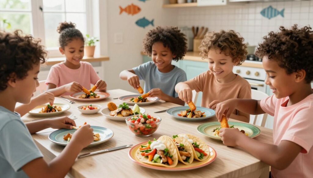 A charming kitchen setting filled with warm, natural light streaming through a window, highlighting a table adorned with colorful plates of mild fish dishes perfect for kids. In the foreground, a vibrant plate of mild fish tacos topped with fresh vegetables and a dollop of creamy sauce, beside a small bowl of fruity salsa. In the middle, a cheerful, diverse group of children in modest casual clothing eagerly preparing fish sticks using hands-on techniques, with smiles that convey excitement. The background shows a cozy kitchen with soft pastels and playful fish-themed decorations. The overall mood is inviting and wholesome, emphasizing family bonding over nutritious meals. The composition is captured from a slightly elevated angle, focusing on the joy of cooking together.