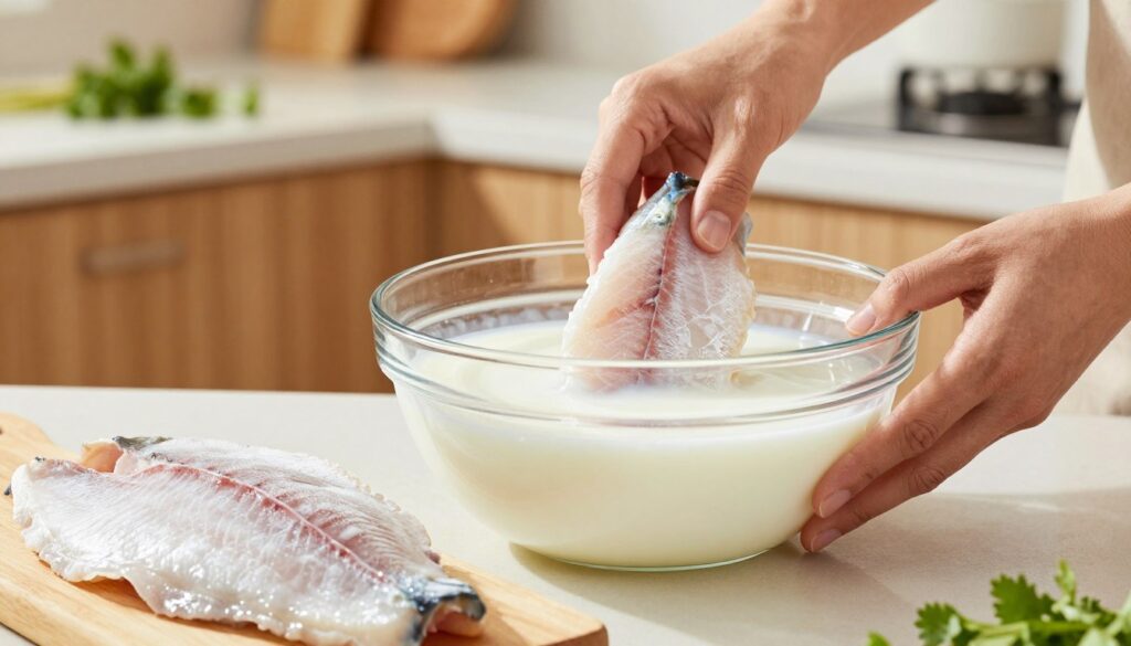 A clean and organized kitchen counter with an aesthetically pleasing layout, featuring a glass bowl filled with fresh milk, showcasing the milk-soaking technique for frozen fish preparation. In the foreground, a portion of frozen fish fillets is placed next to the bowl, visually appealing with its icy texture. The middle ground includes hands gently placing the fish into the bowl of milk, demonstrating the technique, with an emphasis on the milk enveloping the fish. In the background, a softly lit kitchen with wooden cabinets and fresh herbs adds warmth and a feeling of home cooking. The lighting is warm and inviting, highlighting the textures of the fish and milk, capturing the moment in a vibrant, culinary atmosphere.