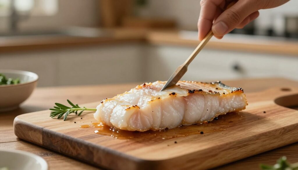 A close-up image of a wooden skewer being inserted into a perfectly cooked fillet of fish, showcasing the doneness test method. The foreground features the skewer with juices glistening on the fish surface, displaying flaky, tender texture. In the middle, a cutting board is lightly dusted with fresh herbs, enhancing the cooking environment. The background includes a soft-focus kitchen setting, with warm, ambient lighting creating a cozy atmosphere. A rustic, wooden kitchen counter adds to the homely feel, while the depth of field highlights the skewer and fish. The image evokes a sense of culinary expertise and warmth, inviting the viewer to learn about proper cooking techniques.