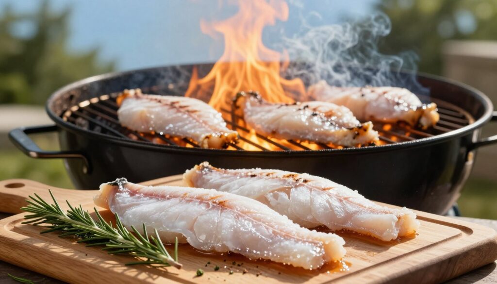 A close-up view of a grilling scene featuring frozen fish steaks being expertly placed on a barbecue grill. The foreground shows glistening, icy fish fillets resting on a wooden cutting board alongside a sprinkle of fresh herbs like rosemary and dill. In the middle, a vibrant grill heated to perfection, with flames licking the edges of the fish, creating a smoky aroma. The background includes a bright blue sky and soft, green trees, suggesting a sunny, outdoor cooking experience. The lighting is warm and golden, enhancing the textures of the fish and the grill marks. This scene embodies a relaxed summer atmosphere, highlighting the joy of grilling frozen seafood for a delicious meal.