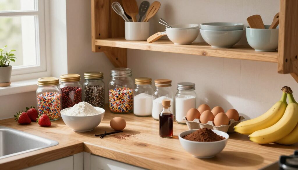 A cozy kitchen pantry scene showcasing essential ingredients for simple desserts. In the foreground, a wooden countertop is laden with bowls of flour, sugar, and cocoa powder, along with eggs and vanilla extract neatly arranged. In the middle, various jars of sprinkles and baking soda are visible, complimented by fresh fruits like strawberries and bananas. The background features rustic wooden shelves filled with baking tools like measuring cups, spatulas, and mixing bowls, illuminated by warm, natural lighting streaming through a nearby window. The overall mood is inviting and cheerful, evoking a sense of home baking and creativity. The angle is slightly above eye-level to capture the depth and organization of the pantry, focusing on warmth and simplicity in the presentation.