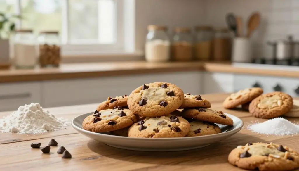 A cozy kitchen scene featuring a beautifully arranged assortment of pantry dessert cookies on a rustic wooden table. In the foreground, focus on an elegant plate piled high with freshly baked chocolate chip, oatmeal raisin, and peanut butter cookies, showcasing their golden-brown texture. Scattered around the plate are ingredients like flour, sugar, and chocolate chips, hinting at the ease of preparation. In the middle ground, soft natural light filters through a nearby window, casting a warm glow over the scene, enhancing the inviting atmosphere. The background features shelves stocked with jars of essential baking ingredients and a few cozy kitchen utensils, creating a homely ambiance. Capture this image using a shallow depth of field to highlight the cookies while softly blurring the background, evoking comfort and charm in the culinary space.
