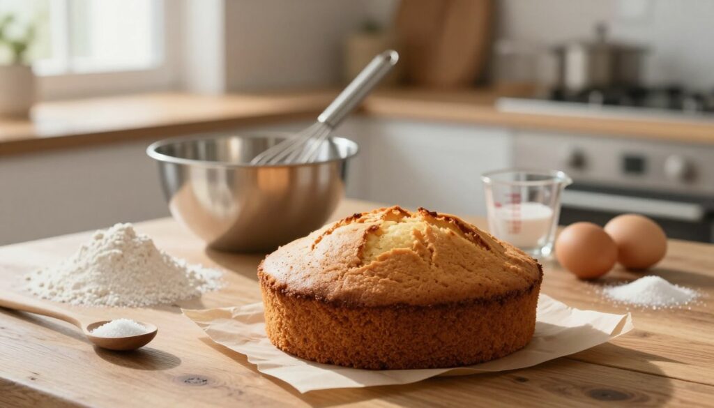 A cozy kitchen scene featuring a minimalist dessert cake in the foreground, showcasing a beautifully baked, golden-brown one-bowl cake on a rustic wooden table. Include simple ingredients like flour, sugar, and eggs artfully arranged around the cake to emphasize the minimal-ingredient concept. Soft, natural lighting filters through a window, casting gentle shadows and highlighting the textures of the cake and ingredients. In the middle ground, a mixing bowl with a whisk and a couple of measuring cups hint at the baking process, while the background remains blurred, depicting a warm and inviting kitchen atmosphere. The entire scene evokes a sense of ease and satisfaction, perfect for illustrating simplicity in home baking.