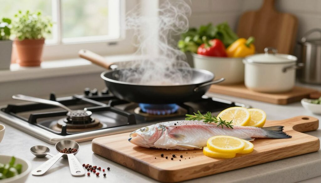 A cozy kitchen scene showcasing essential fish cooking tips. In the foreground, a wooden cutting board displays fresh fish fillets, garnished with herbs and lemon slices, with measuring spoons and spices artistically arranged nearby. The middle ground features a stove with a simmering pan, steam gently rising, and pots filled with vibrant vegetables. In the background, soft natural light filters through a window adorned with potted herbs, creating a warm and inviting ambiance. The lens captures a slight depth of field, highlighting the fish while softly blurring the kitchen environment. The overall mood is homey and inspirational, inviting viewers to explore the art of cooking fish at home.