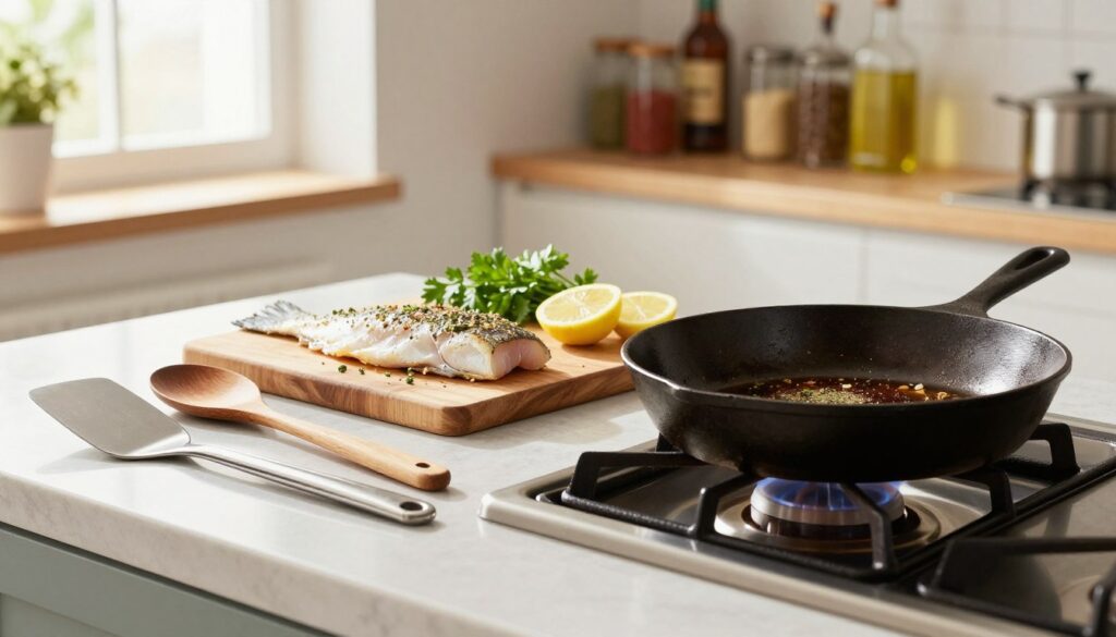 A neatly arranged kitchen countertop featuring essential tools for pan-fried fish. In the foreground, a well-seasoned cast-iron skillet sits atop a burner, radiating warmth. Next to it, an assortment of utensils: a fish spatula, stainless steel tongs, and wooden cooking spoon, all polished and ready for action. In the middle, a cutting board holds fresh fish fillets dusted with herbs, alongside vibrant lemon slices and sprigs of parsley. The background reveals soft-focus kitchen shelves stocked with spices and oils, illuminated by warm, natural light streaming in from a nearby window, creating a cozy and inviting atmosphere. The scene embodies a sense of preparation and culinary enthusiasm, perfect for cooking enthusiasts. The image captures the essence of a home kitchen dedicated to perfecting pan-fried fish.
