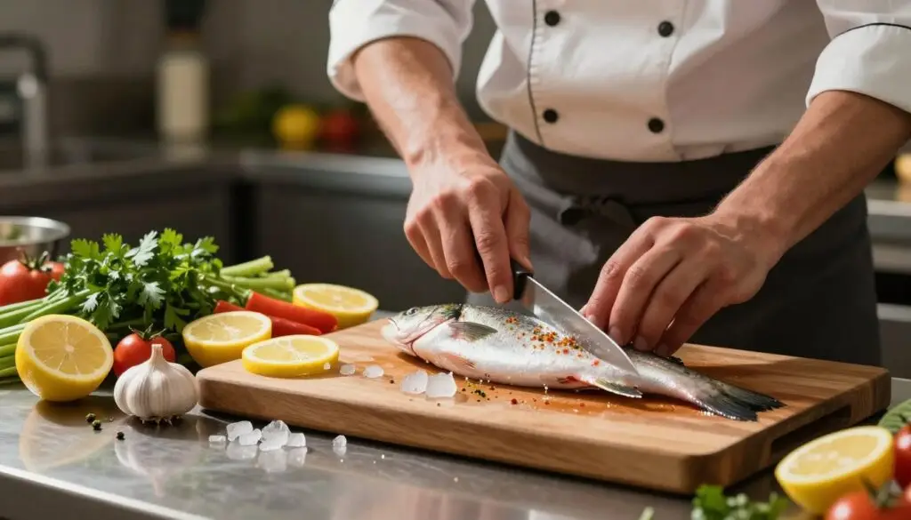 A professional kitchen scene featuring a chef in modest casual clothing deftly cleaning and seasoning fish. In the foreground, a wooden cutting board displays a freshly caught fish, glistening with ice. The chef uses a sharp knife with precision, showcasing proper techniques for filleting. In the middle, various colorful vegetables and herbs like lemon slices, parsley, and garlic are artfully arranged around the board, suggesting seasoning options. The background is softly blurred to emphasize the chef's focused movements, with warm kitchen lighting illuminating the scene, creating an inviting atmosphere. The angle captures the chef's hands in action, with rich textures of the fish and ingredients making the image lively and engaging.