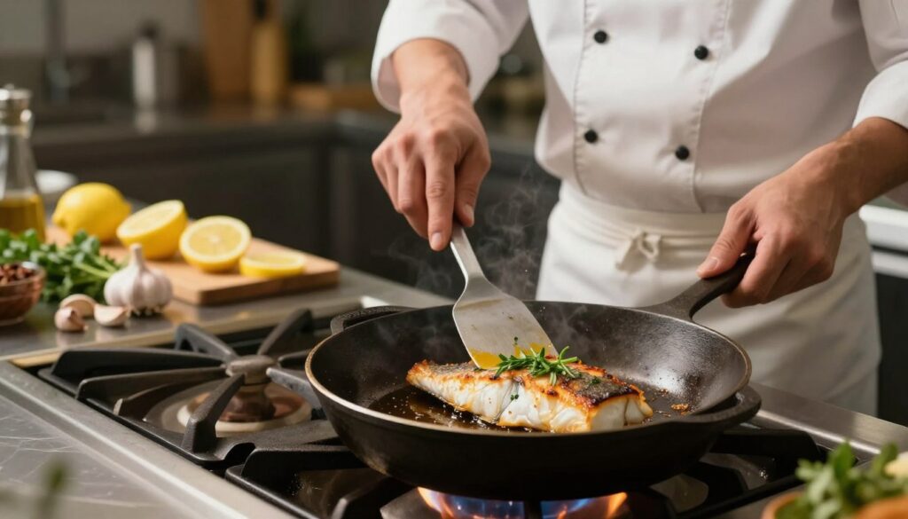 A professional kitchen scene showcasing the technique of pan-frying fish. In the foreground, a cast iron skillet sizzling with a beautifully seared fillet of fish, golden brown with crispy edges, garnished with fresh herbs. The middle ground features a cook in a neat, short-sleeved chef's jacket, demonstrating proper fish placement in the pan, using a spatula. In the background, a well-organized kitchen counter filled with fresh ingredients like lemon slices, garlic cloves, and fresh herbs, subtly blurred to emphasize the action in the foreground. Soft, warm lighting enhances the inviting atmosphere, and the angle captures the chef's skillful technique from a slightly elevated viewpoint. The overall mood is energetic and focused, highlighting the art of cooking while ensuring no clutter or distractions are present. A professional kitchen scene showcasing the technique of pan-frying fish. In the foreground, a cast iron skillet sizzling with a beautifully seared fillet of fish, golden brown with crispy edges, garnished with fresh herbs. The middle ground features a cook in a neat, short-sleeved chef's jacket, demonstrating proper fish placement in the pan, using a spatula. In the background, a well-organized kitchen counter filled with fresh ingredients like lemon slices, garlic cloves, and fresh herbs, subtly blurred to emphasize the action in the foreground. Soft, warm lighting enhances the inviting atmosphere, and the angle captures the chef's skillful technique from a slightly elevated viewpoint. The overall mood is energetic and focused, highlighting the art of cooking while ensuring no clutter or distractions are present.