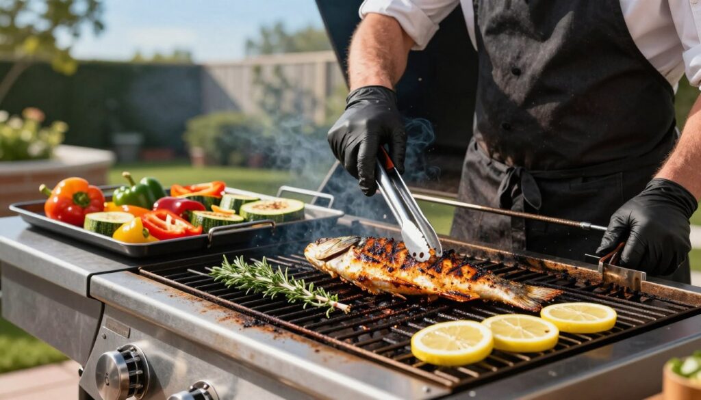 A skilled chef grilling fish on a modern outdoor barbecue, demonstrating various grilling techniques. In the foreground, the chef, wearing a neat apron and gloves, carefully flips a perfectly seasoned fish fillet using grilling tongs, showcasing crispy skin and enticing grill marks. Fresh herbs and lemon slices are arranged beside the fish on the grill. In the middle, vibrant, colorful vegetables like bell peppers and zucchini are sizzling on a separate grill tray, adding flavor and appeal. The background features a sunny backyard setting with greenery and a clear blue sky, enhancing the warmth and inviting atmosphere. The lighting is bright and natural, casting soft shadows, while the camera angle captures a dynamic view of the grilling process, focusing on the fish and surrounding elements, creating an engaging composition that conveys the essence of grilling fish without overcooking.