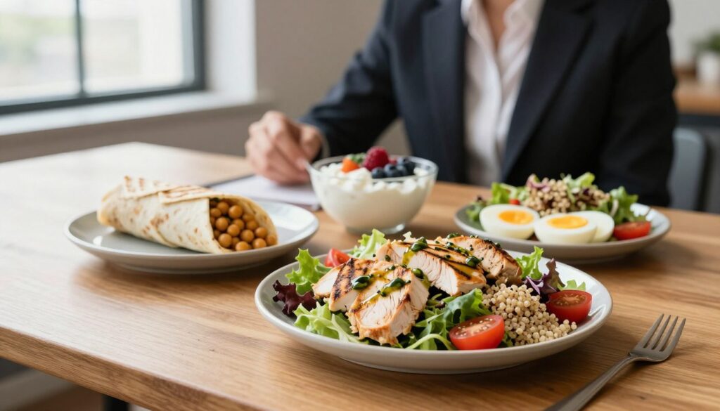 A stylish, high-protein lunch setting for busy professionals, featuring a beautifully arranged plate in the foreground, showcasing grilled chicken salad with quinoa, mixed greens, and cherry tomatoes, drizzled with a light vinaigrette. In the middle, a sleek wooden table holds a variety of colorful, nutritious dishes including a chickpea wrap, a bowl of Greek yogurt topped with berries, and a serving of hard-boiled eggs. The background features a minimalist office environment with soft, natural lighting filtering through a large window, creating a warm and inviting atmosphere. The scene captures a professional, energetic vibe, emphasizing efficiency and healthfulness, ideal for a busy day at work. The angle is slightly elevated, adding depth and focus to the delicious high-protein options without any distractions.