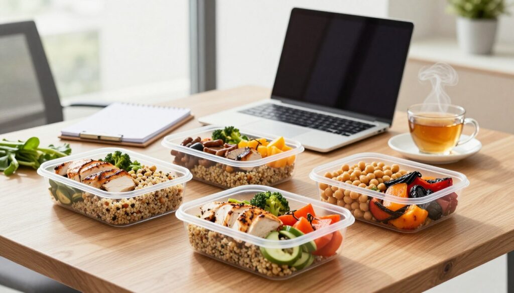 A stylish office lunch setup featuring an elegant wooden table adorned with a variety of healthy protein-packed meals for busy professionals. In the foreground, there are neatly arranged meal prep containers filled with grilled chicken, quinoa salad, chickpeas, and vibrant roasted vegetables, all beautifully garnished. In the middle, a sleek laptop and an elegant notepad sit beside a steaming cup of herbal tea, suggesting an on-the-go work environment. The background features a large window with bright natural light streaming in, giving the scene a lively and energetic atmosphere. Capture this setting with a shallow depth of field to focus on the food while softly blurring the office elements, enhancing a sense of productivity and health.