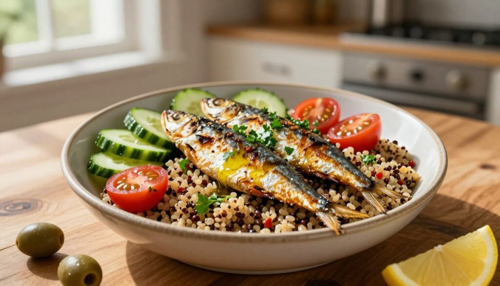 A vibrant Mediterranean Sardine Bowl, artistically arranged and garnished, showcasing golden-brown grilled sardines atop a bed of colorful quinoa. Surrounding the fish are fresh slices of cucumber, cherry tomatoes, and a sprinkle of green parsley, all glistening in olive oil. The dish is elegantly presented in a rustic ceramic bowl on a wooden table, with a few olives and a lemon wedge on the side, adding a pop of color. In the background, a blurred view of a sunlit kitchen is visible, enhancing the warm atmosphere. Soft, natural lighting filters through a window, casting gentle shadows that add depth. The angle is slightly above the bowl, inviting the viewer to experience the freshness and simplicity of this wholesome meal.