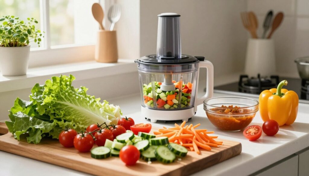 A vibrant and fresh kitchen scene showcasing the preparation of a chopped detox salad using a food processor. In the foreground, a well-organized wooden cutting board piled with colorful vegetables like crisp romaine lettuce, juicy cherry tomatoes, diced cucumbers, shredded carrots, and bright bell peppers. In the middle, a sleek food processor sits on the counter with chopped ingredients ready for blending, surrounded by utensils and a glass bowl filled with a tangy dressing. In the background, soft natural light streams through a window, casting a warm glow over potted herbs, contributing to a cozy, inviting atmosphere. The scene embodies freshness and healthiness, ideal for a modern kitchen setting, captured from a slightly elevated angle to showcase the layers of preparation.