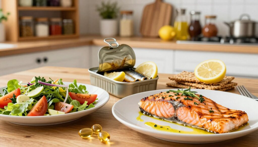 A vibrant and inviting kitchen scene featuring a variety of omega-3 rich meals prepared with affordable fish options like salmon and sardines. In the foreground, a beautifully plated dish of grilled salmon garnished with fresh herbs, alongside a colorful salad with olive oil dressing. In the middle, an open tin of sardines with slices of lemon and whole-grain crackers, emphasizing simplicity and flavor. In the background, a cozy kitchen environment with warm, natural lighting helping to create an inviting atmosphere, equipped with rustic wooden shelves filled with spices and healthy ingredients. The overall mood should convey freshness, health, and accessibility, enticing viewers to explore nutritious seafood meals.