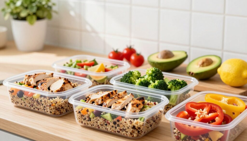A vibrant and organized meal prep scene showcasing a healthy lunch spread. In the foreground, transparent meal prep containers filled with colorful quinoa salad, grilled chicken strips, steamed broccoli, and sliced bell peppers are neatly arranged. The middle ground features a wooden cutting board with fresh ingredients like cherry tomatoes, avocado, and a lemon. In the background, a sunlit kitchen setting with soft, natural lighting creates a warm atmosphere; light reflects off a white tiled backsplash. A hint of green potted herbs adds a touch of freshness. The focus is sharp on the meal prep containers, capturing the essence of nutritious, balanced lunch ideas.