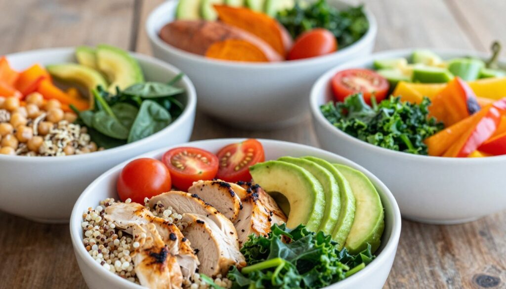 A vibrant and visually appealing overhead view of healthy protein bowls, each one artfully arranged with a variety of colorful vegetables. In the foreground, display a bowl filled with quinoa, grilled chicken, and a medley of fresh greens like spinach and kale, garnished with cherry tomatoes and avocado slices. The middle layer showcases other bowls featuring ingredients like chickpeas, roasted sweet potatoes, and bell peppers, all in bright hues. The background is softly blurred, hinting at a rustic wooden table setting, creating a warm and inviting atmosphere. The lighting is natural and bright, highlighting the freshness of the ingredients. Capture this scene with a shallow depth of field to enhance the focus on the bowls, conveying a sense of health and vitality.