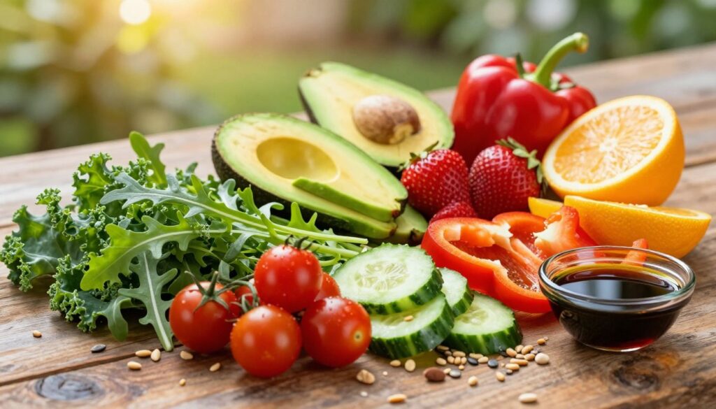 A vibrant assortment of seasonal salad ingredients arranged artistically on a rustic wooden table. In the foreground, fresh, crisp greens like kale and arugula intermingle with bright cherry tomatoes, thinly sliced cucumbers, and colorful bell peppers. Sprinkled nuts and seeds add texture, while a small dish of olive oil and balsamic vinegar garnishes the scene. In the middle ground, a variety of seasonal fruits such as slices of ripe avocados, juicy strawberries, and tangy citrus fruits create a splash of color and freshness. The background is softly blurred with a hint of a sunny garden, letting in warm, natural light that highlights the freshness of the ingredients. The atmosphere is inviting, promoting a sense of health and vitality.