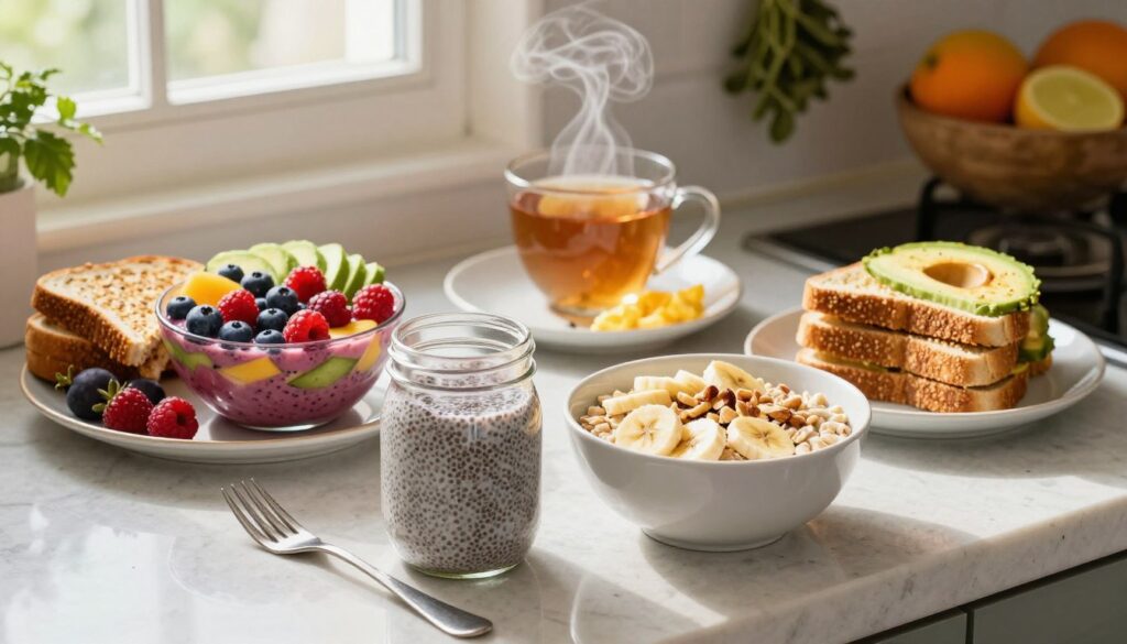 A vibrant kitchen countertop filled with an array of quick and nutritious breakfast ideas, featuring a colorful smoothie bowl topped with fresh berries, a stack of whole grain toast with avocado, and a bowl of oatmeal adorned with sliced bananas and nuts. In the foreground, a mason jar filled with chia pudding and a fork resting beside it. The middle area captures a steaming cup of herbal tea and a small plate with a fluffy scrambled egg. Natural light filters through a nearby window, casting a warm glow on the scene. The background subtly includes kitchen elements like a fruit bowl and hanging herbs, creating a cheerful and inviting atmosphere. The focus is sharp, showcasing the textures and colors of the food, perfect for encouraging healthy eating on busy mornings. A vibrant kitchen countertop filled with an array of quick and nutritious breakfast ideas, featuring a colorful smoothie bowl topped with fresh berries, a stack of whole grain toast with avocado, and a bowl of oatmeal adorned with sliced bananas and nuts. In the foreground, a mason jar filled with chia pudding and a fork resting beside it. The middle area captures a steaming cup of herbal tea and a small plate with a fluffy scrambled egg. Natural light filters through a nearby window, casting a warm glow on the scene. The background subtly includes kitchen elements like a fruit bowl and hanging herbs, creating a cheerful and inviting atmosphere. The focus is sharp, showcasing the textures and colors of the food, perfect for encouraging healthy eating on busy mornings.