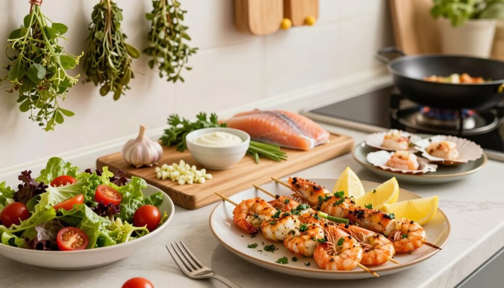 A vibrant kitchen scene focusing on an array of quick and easy seafood dishes. In the foreground, a beautifully plated dish of grilled shrimp skewers garnished with fresh herbs and lemon wedges, alongside a colorful salad with mixed greens and cherry tomatoes. The middle ground features a wooden cutting board with chopped garlic, herbs, and a small bowl of creamy sauce ready for dipping. In the background, a cozy kitchen setting with warm lighting illuminates hanging herbs and a colorful selection of fresh seafood, like fish fillets and scallops. The atmosphere is inviting and harmonious, suggesting a busy yet joyful cooking experience. The composition is captured in a slightly elevated angle, bringing all elements into a cohesive focus, showcasing the appeal of simple seafood recipes for weeknight dinners.
